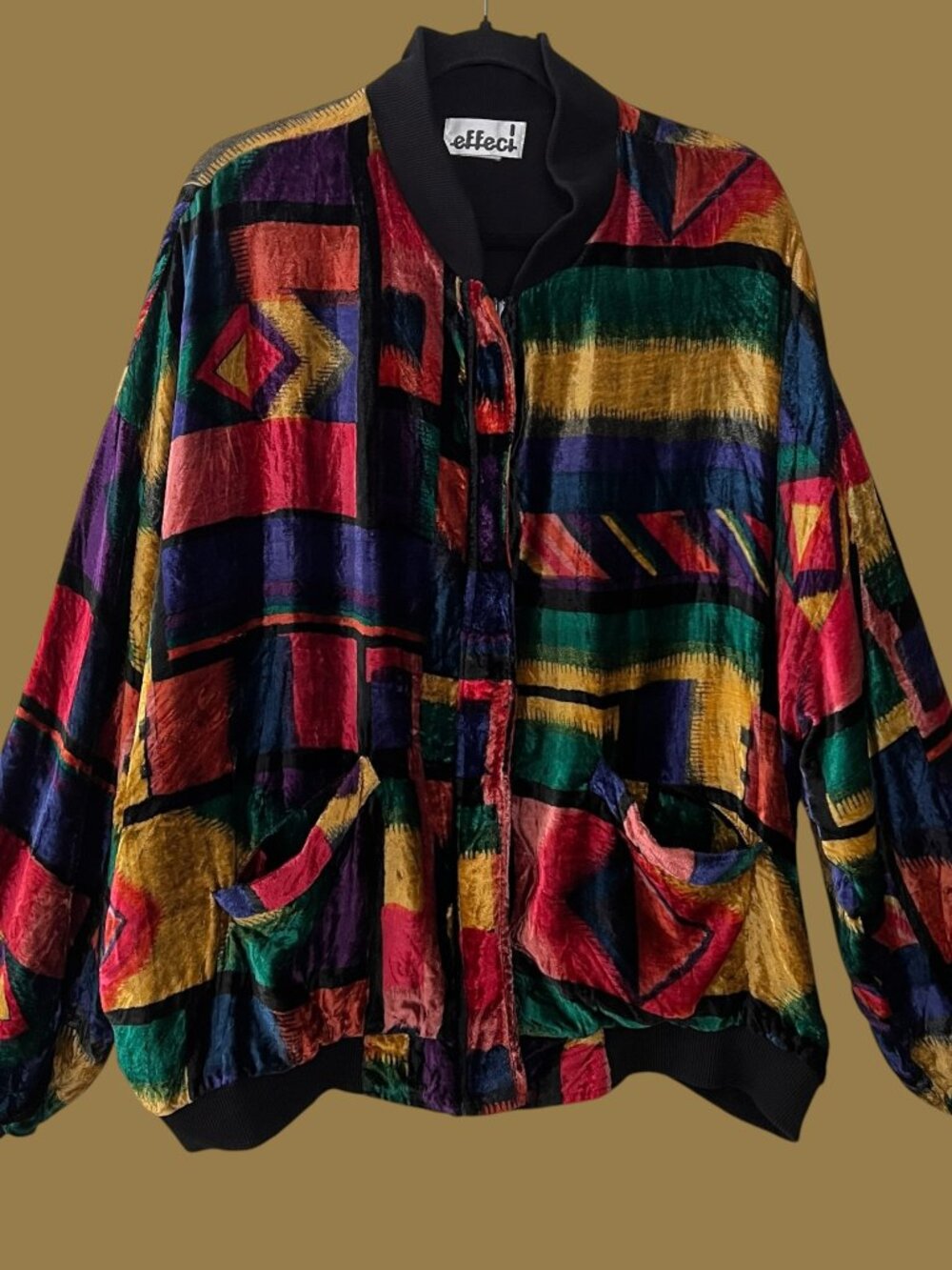 Vintage 80s 90s Velvet Geometric Colorful Bomber Jacket XL